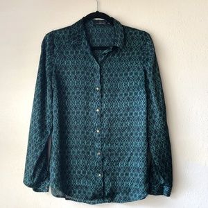Navy and Green patterned button down blouse